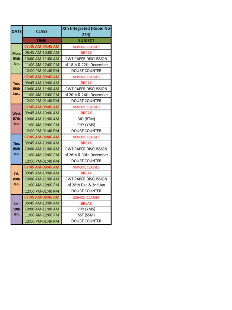 Xth Class Schedule: December to January | PDF