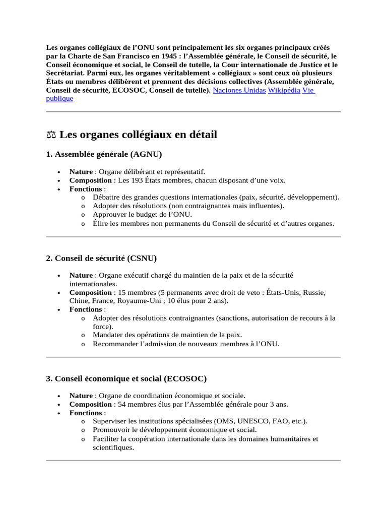 Organes collégiaux de l'ONU expliqués | PDF | Nations unies | Relations ...