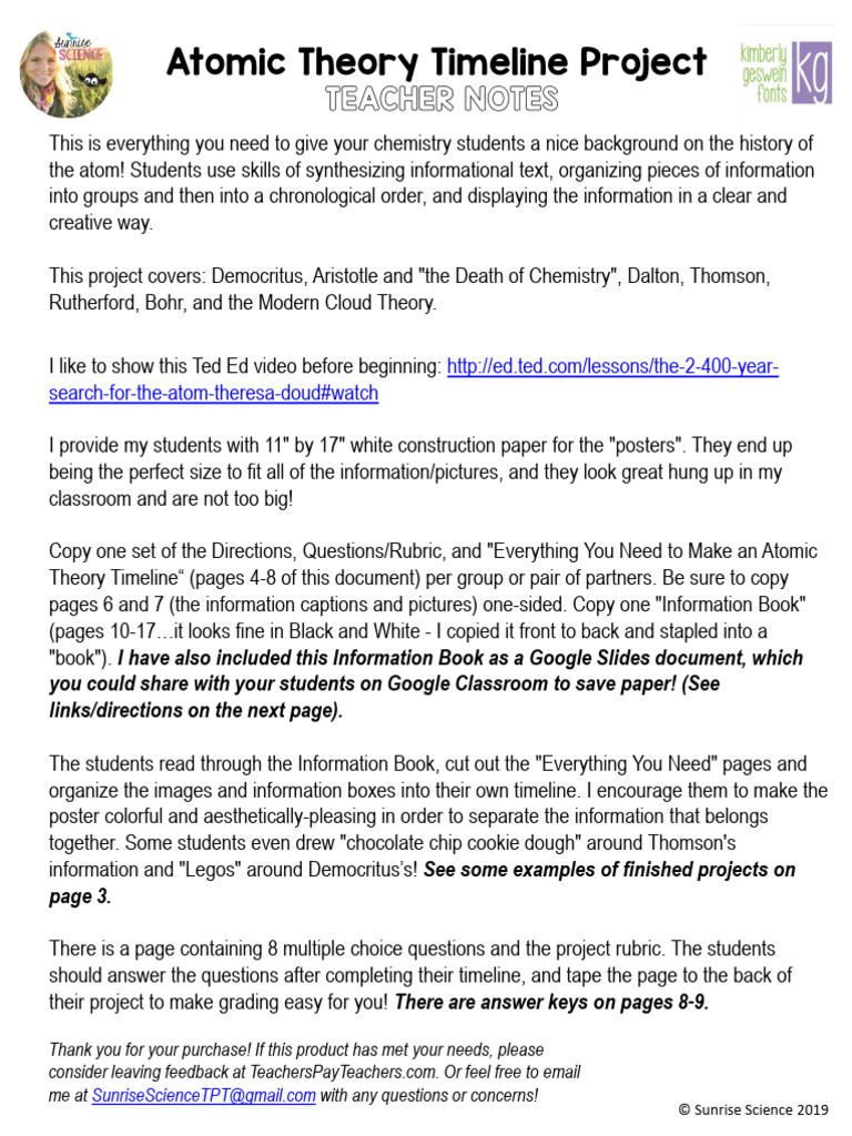 Atomic Theory Timeline Project: Teacher Notes | PDF | Atoms | Atomic ...