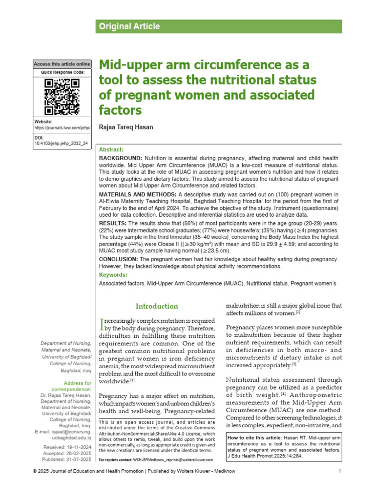MUAC for Assessing Pregnant Women's Nutrition | PDF | Pregnancy | Human ...
