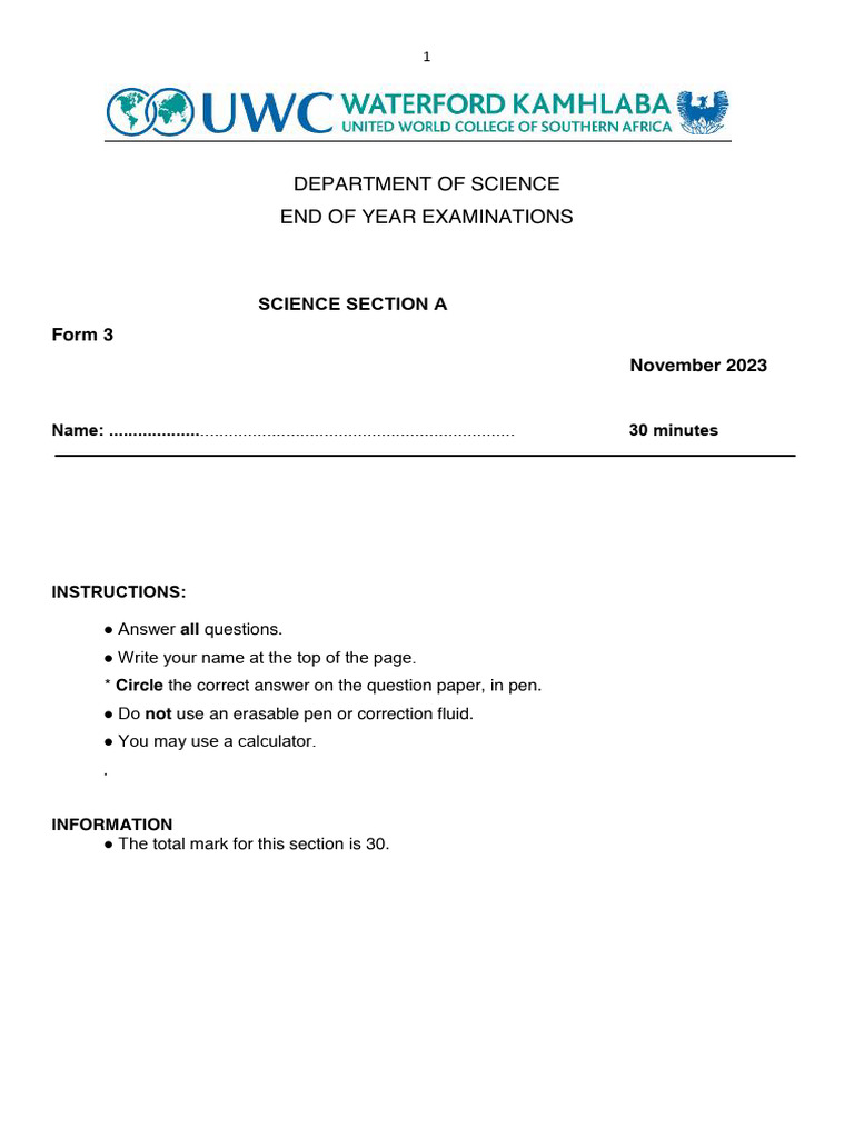 Form 3 Science Exam November 2023 | PDF