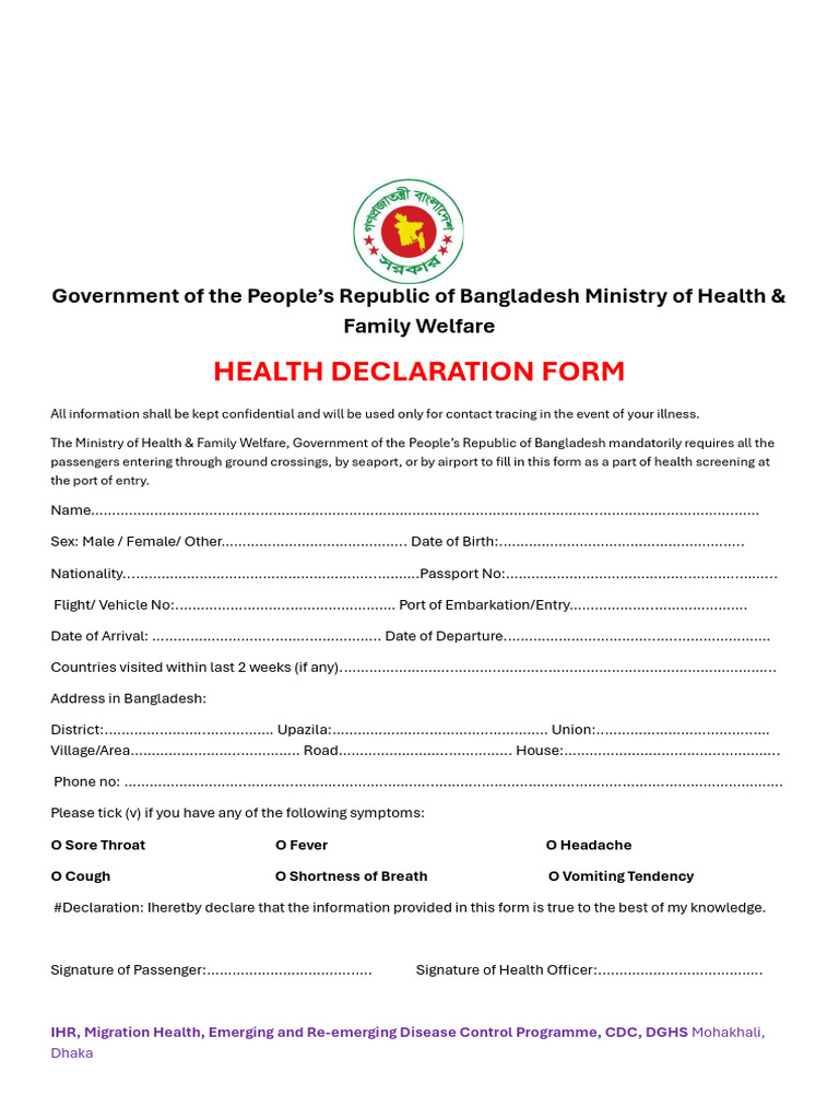 Bangladesh Health Declaration Form | PDF | Human Diseases And Disorders ...