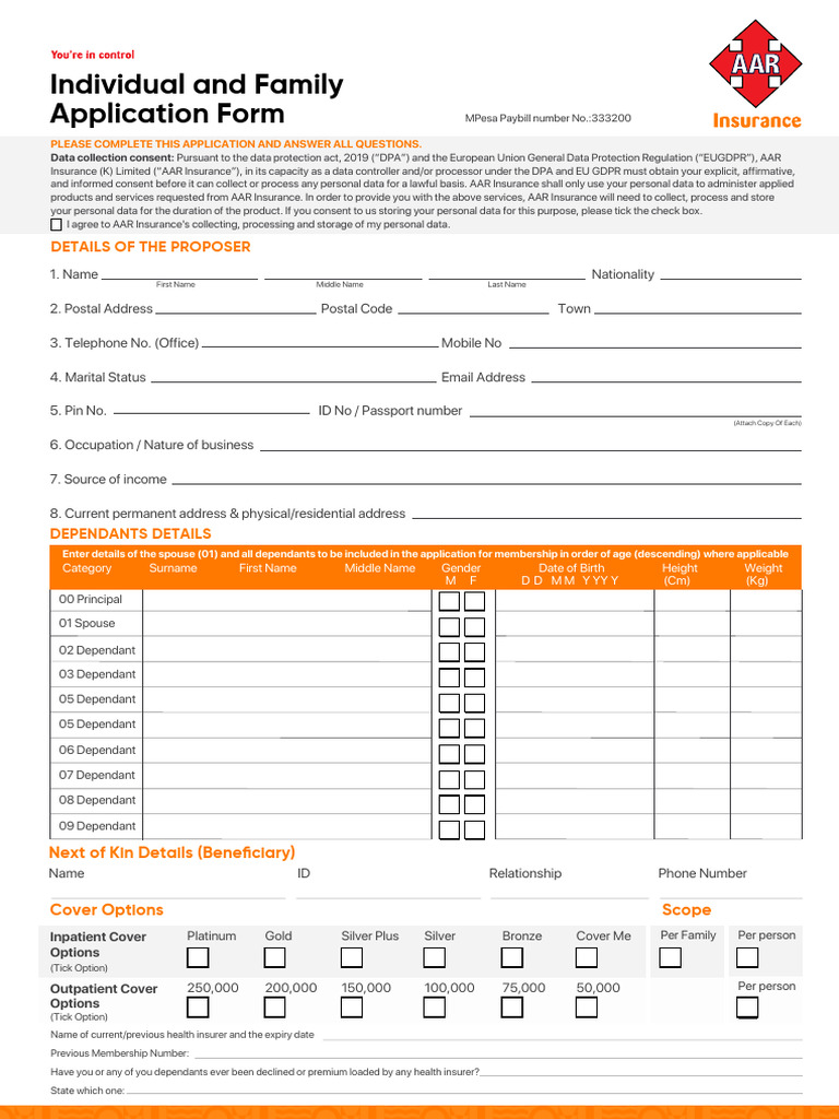 Individual and Family Health Insurance Form | PDF | Cancer | Insurance