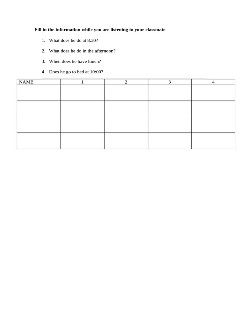 Classmate Daily Routine Questionnaire | PDF