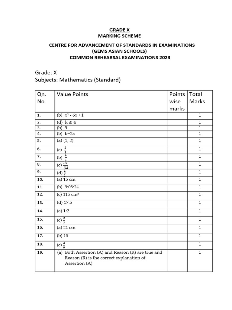 Grade X Mathematics Exam Marking Scheme | PDF | Circle | Angle