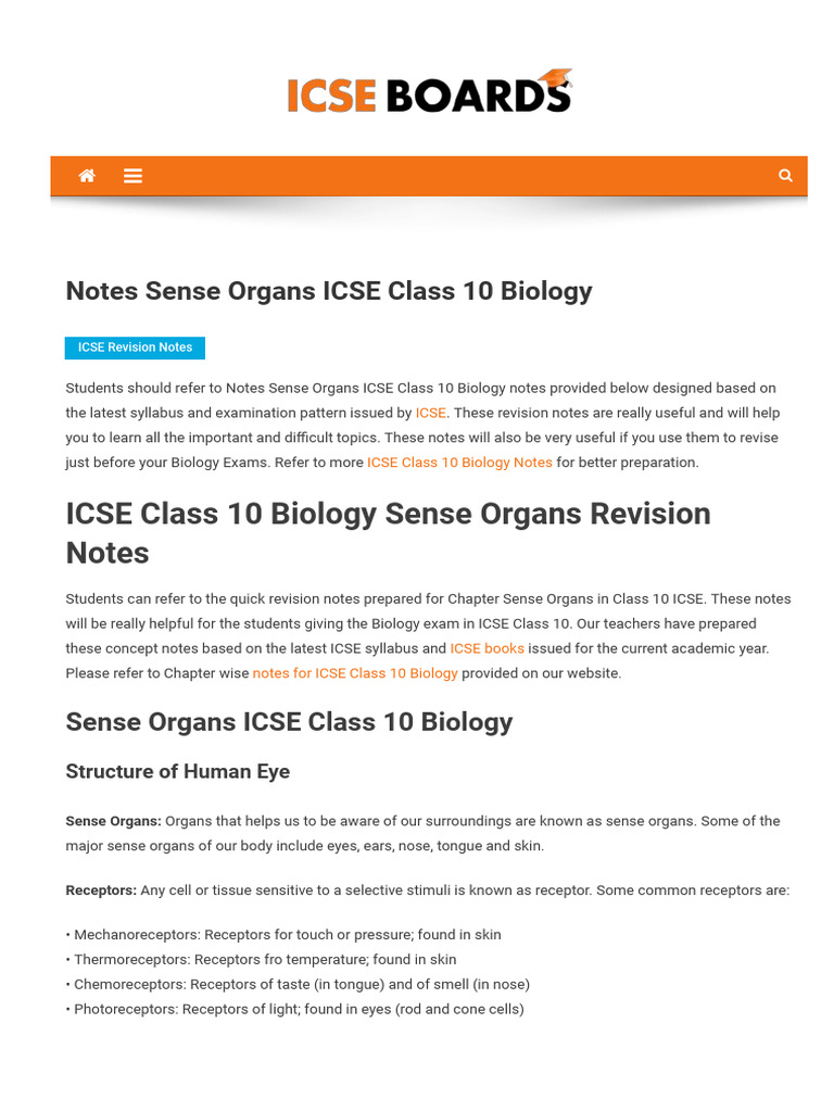 ICSE Class 10 Biology: Sense Organs Notes | PDF | Ear | Eye