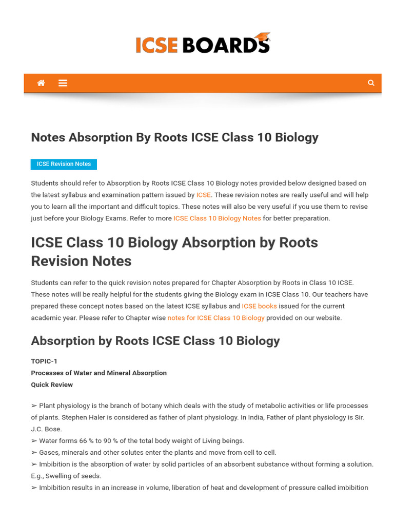 WWW Icseboards Com Notes Absorption by Roots Icse Class 10 Biology ...