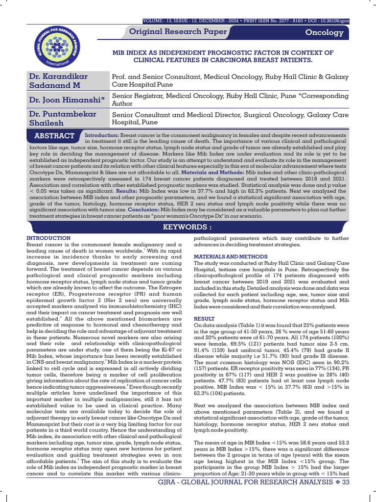 MIB Index as Prognostic Factor in Breast Cancer | PDF | Breast Cancer ...