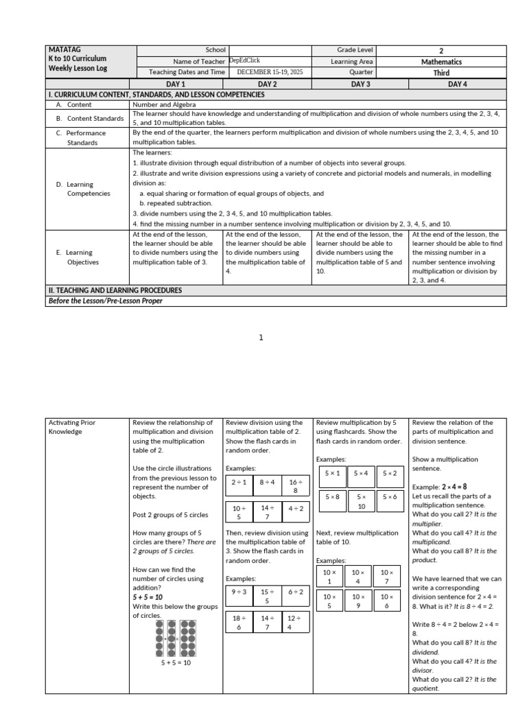 Weekly Math Lesson Plan for Grade 2 | PDF | Division (Mathematics ...