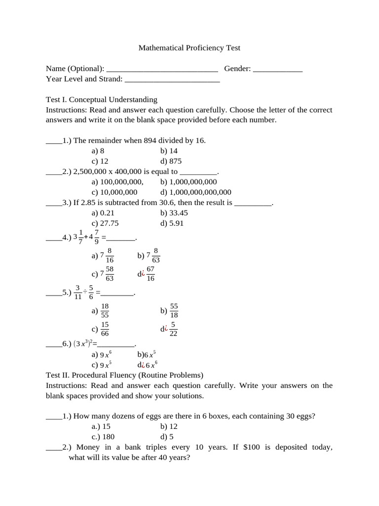 Comprehensive Math Proficiency Test | PDF | Area | Length
