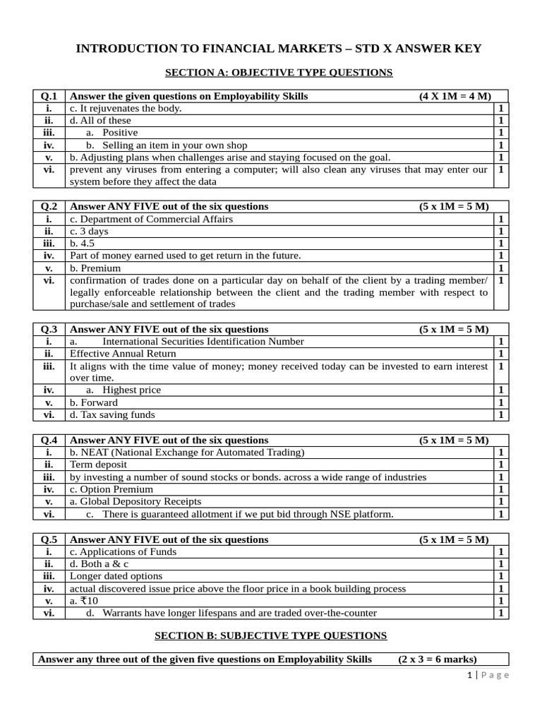 Financial Markets STD X Answer Key | PDF | Bonds (Finance) | Securities (Finance)