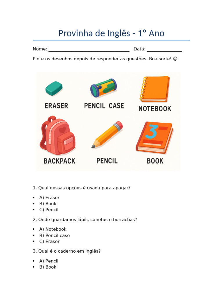 Atividades de Inglês para 1º Ano | PDF