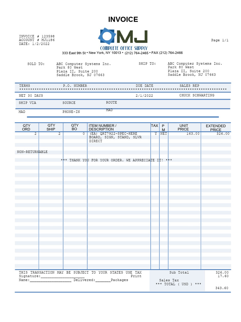 Invoice #123598 for ABC Computer Systems | PDF