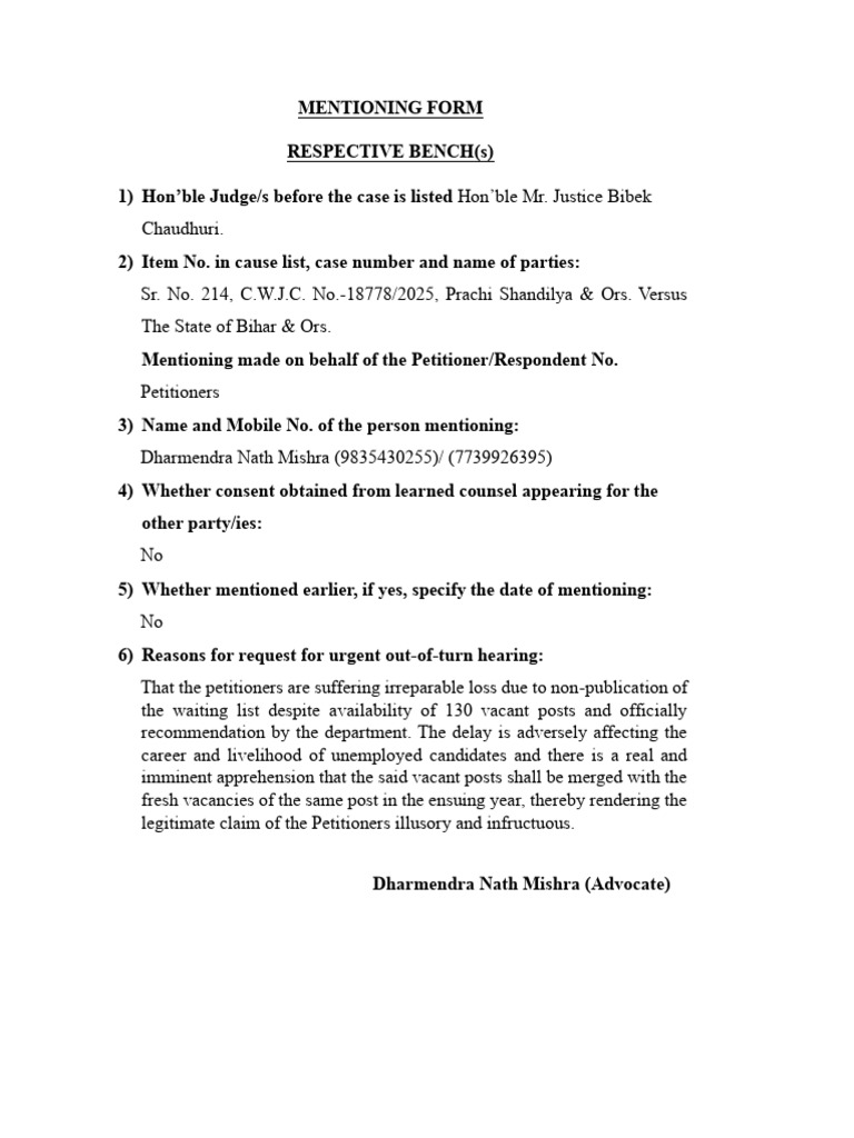 Urgent Hearing Request for Bihar Case | PDF