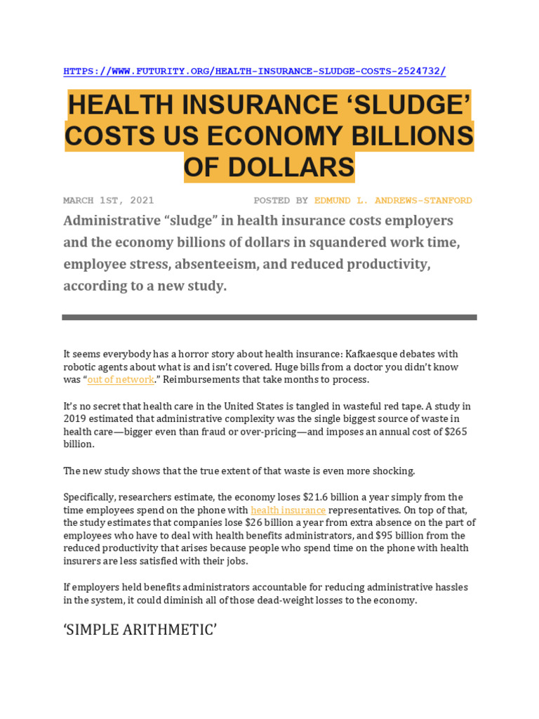 Health Insurance Sludge Costs Billions | PDF | Employment | Insurance