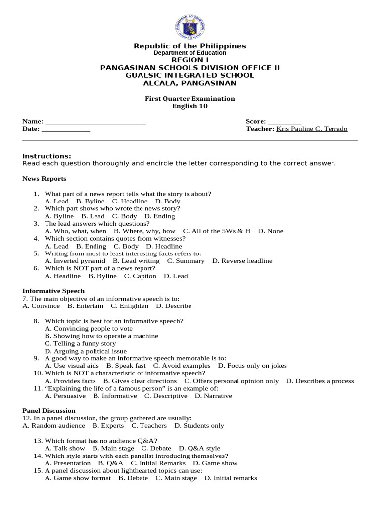 English 10 First Quarter Exam Guide | PDF | Fluency | Human Communication