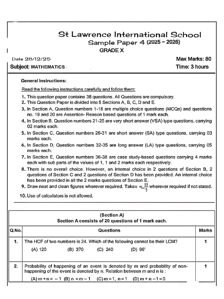 Sample Paper 4 Grade X | PDF