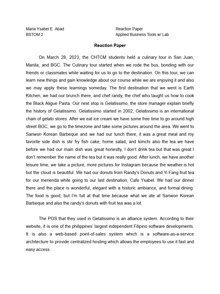 Reaction Paper | PDF | Point Of Sale | Lunch