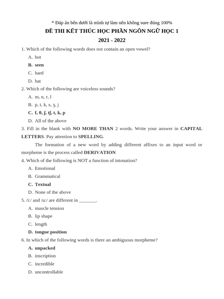Language Exam Questions and Answers | PDF | Word | Consonant