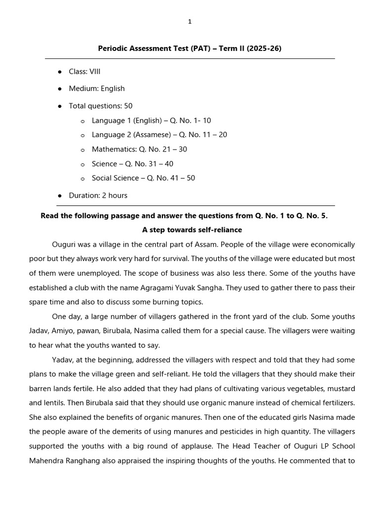 Class VIII Term II PAT 2025-26 Questions | PDF | Cell (Biology) | Plants