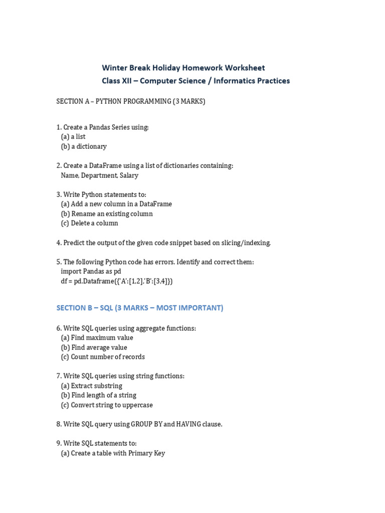 Winter Break Computer Science Homework | PDF