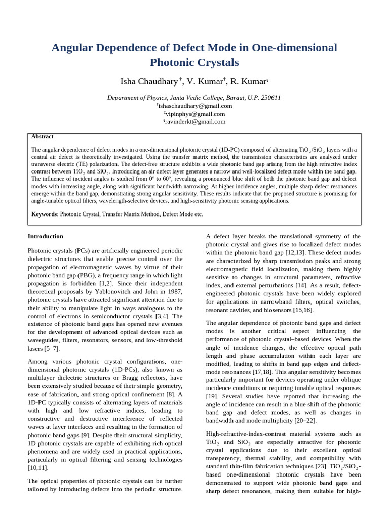 Angular Dependence of Defect Modes in 1D Photonic Crystals | PDF ...