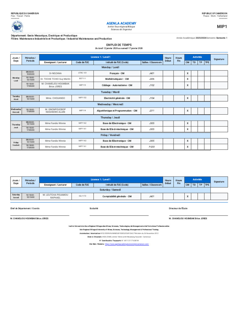 Emploi du temps MIP1 - Semestre 1 2025/2026 | PDF