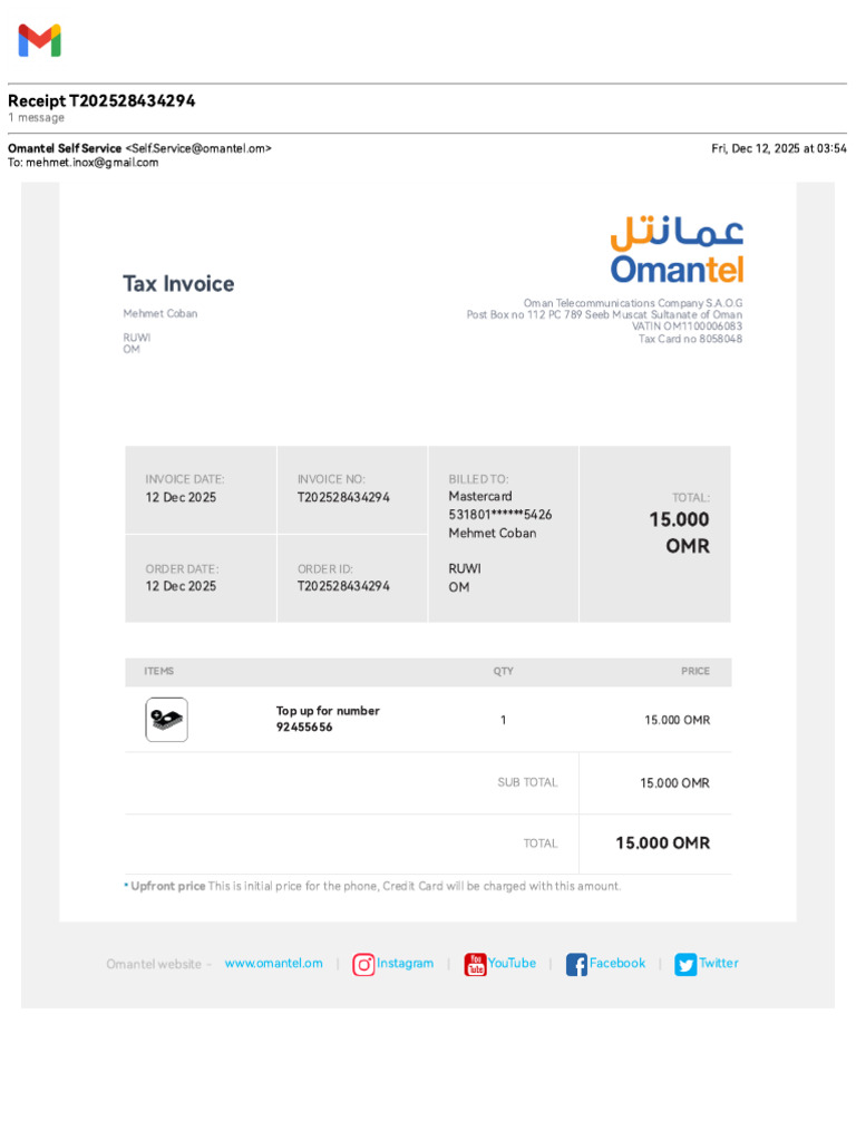 Omantel Tax Invoice for Top-Up Payment | PDF