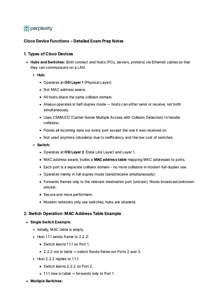 Cisco Device Functions – Detailed Exam Prep Notes | PDF | Network ...
