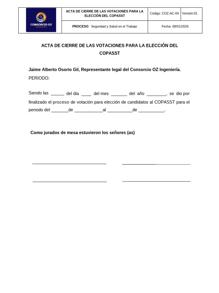 Acta de Cierre Elección COPASST 2026 | PDF