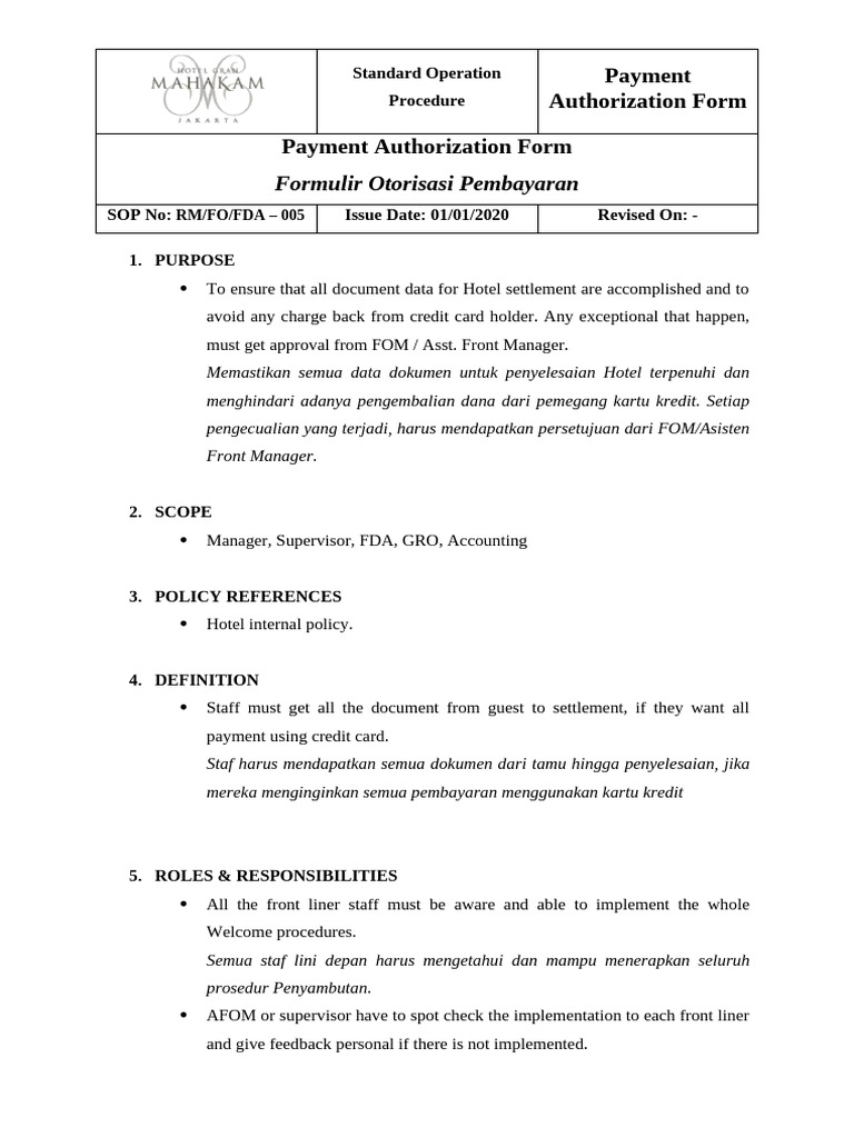 SOP FDA 005 - Payment Authorization Form | PDF | Credit Card ...