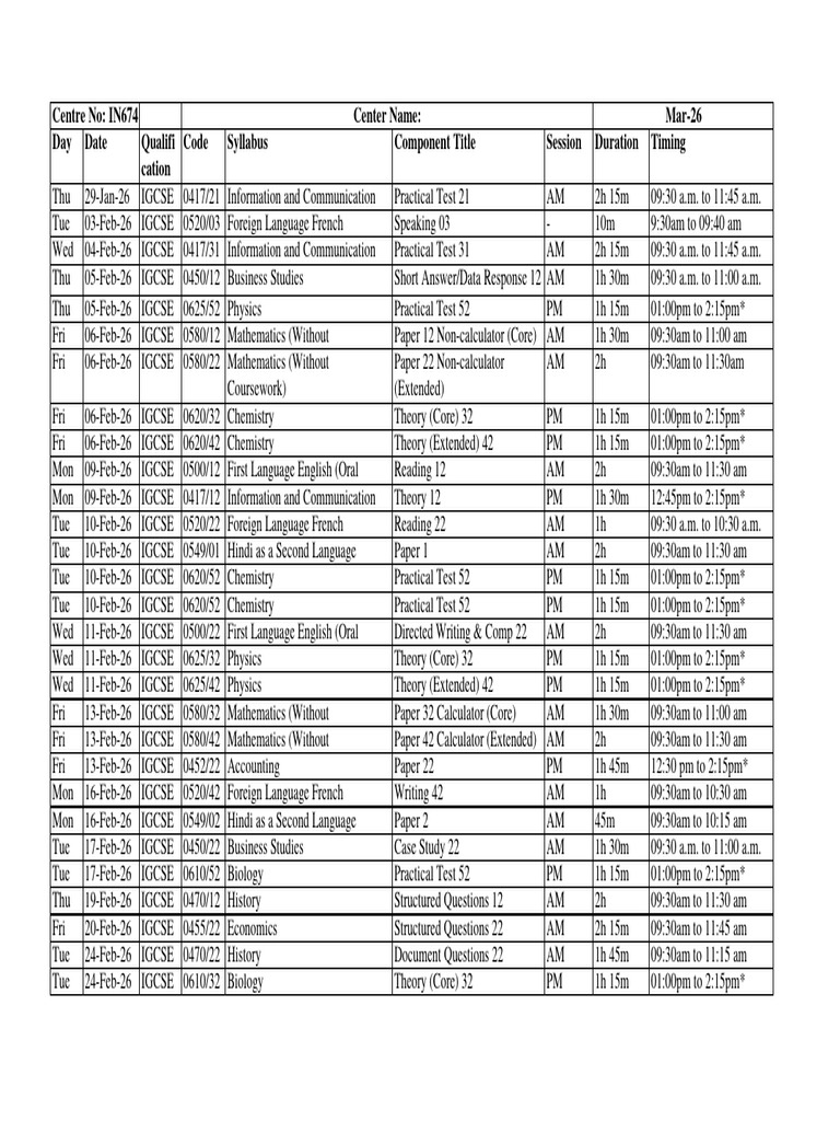 IGCSE Exam Schedule January-February 2026 | PDF | Qualifications ...