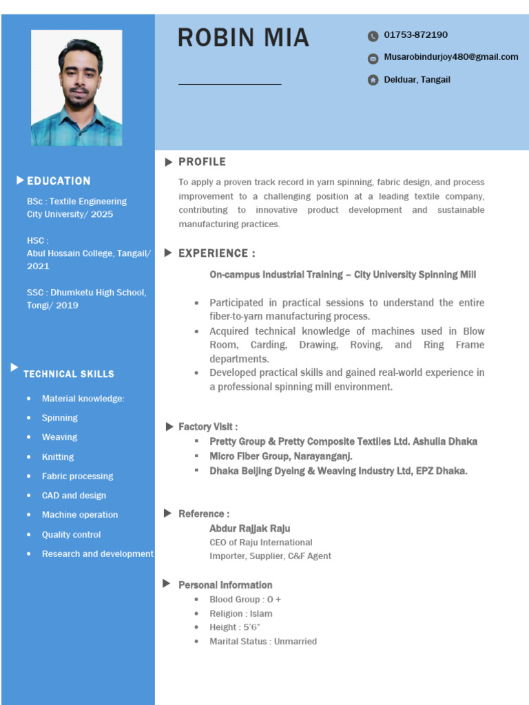 Textile Engineering Resume of Robin Mia | PDF