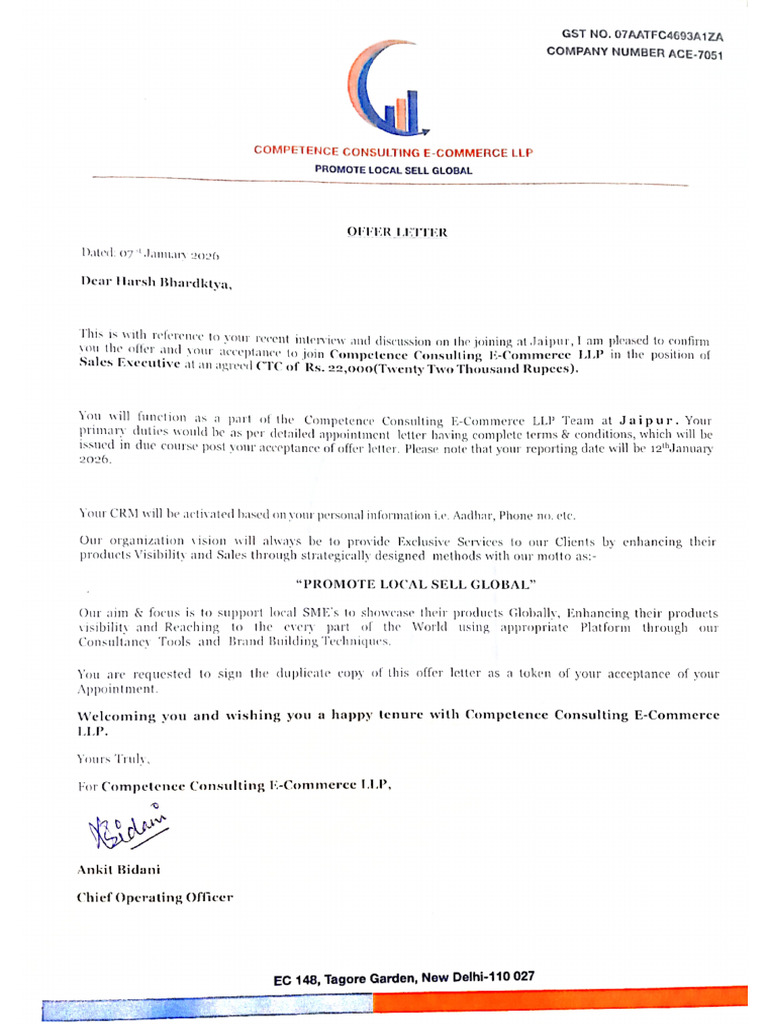 Harsh Bhardktya Offer Letter | PDF