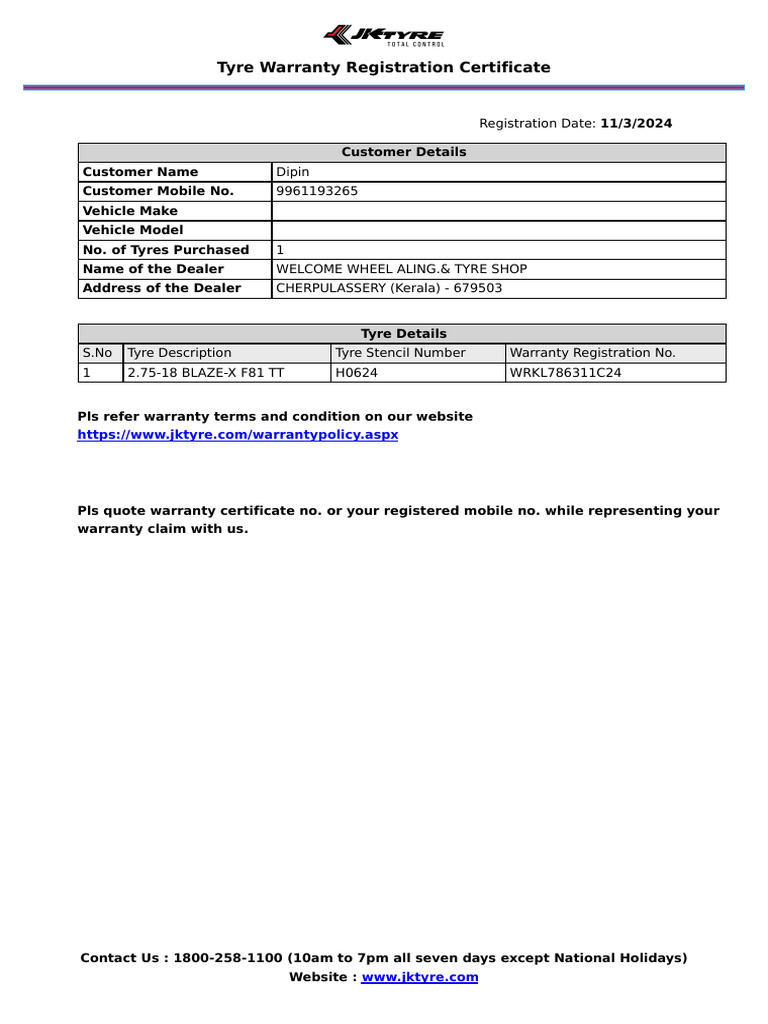 JK Tyre Warranty Registration Details | PDF