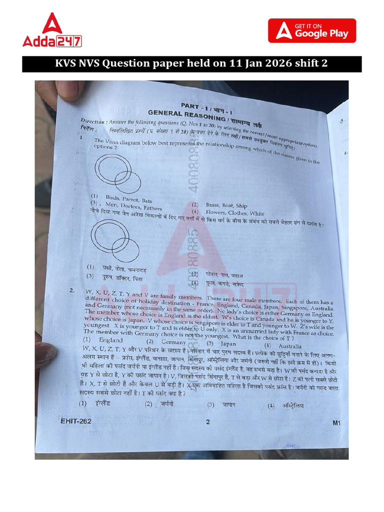 KVS NVS Question Paper Jan 11, 2026 | PDF