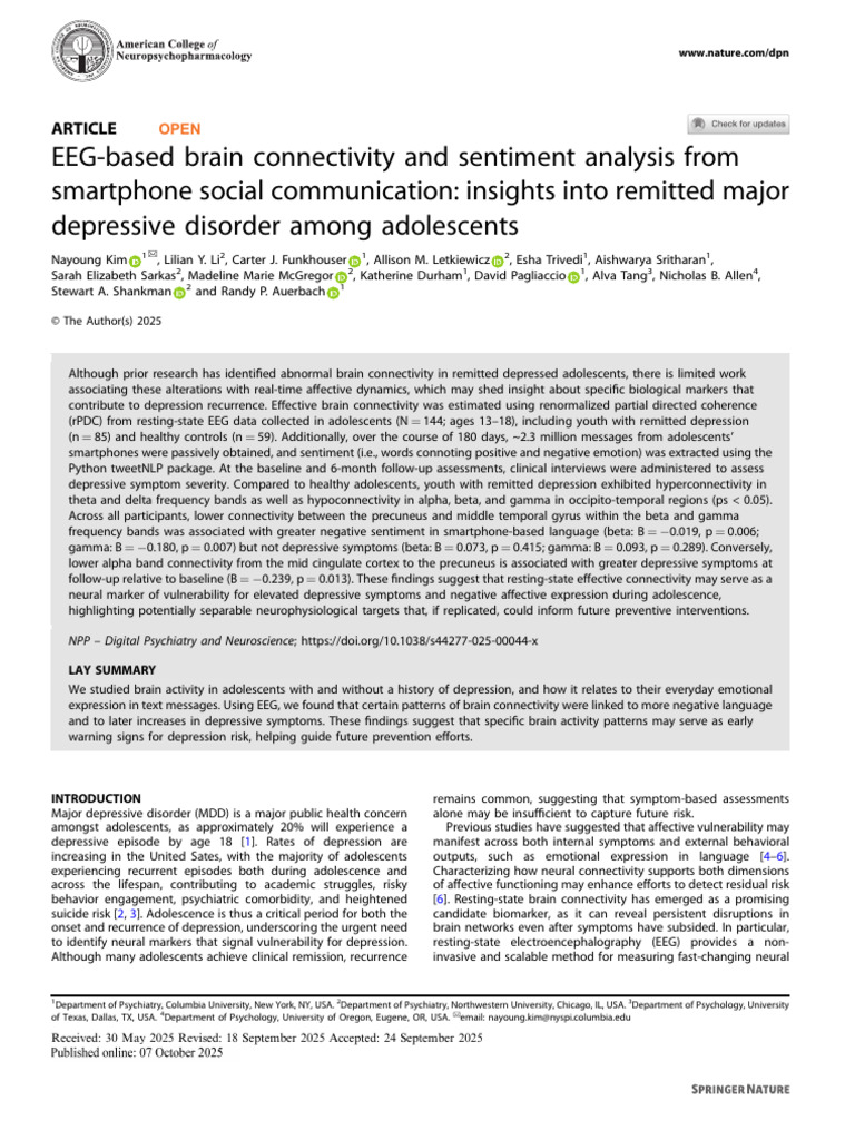 EEG Connectivity and Sentiment in Adolescents | PDF | Major Depressive ...