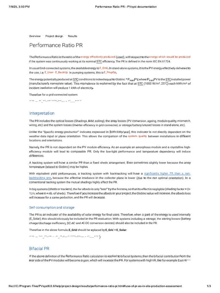 Performance Ratio PR - PVsyst Documentation | PDF