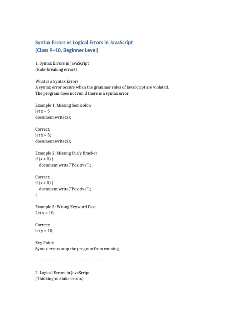 Syntax vs Logical Errors in JavaScript | PDF