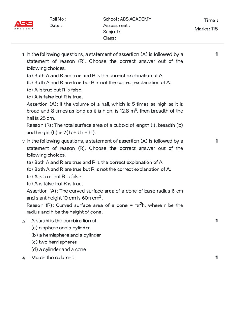 Geometry Assessment Questions and Solutions | PDF | Sphere | Area