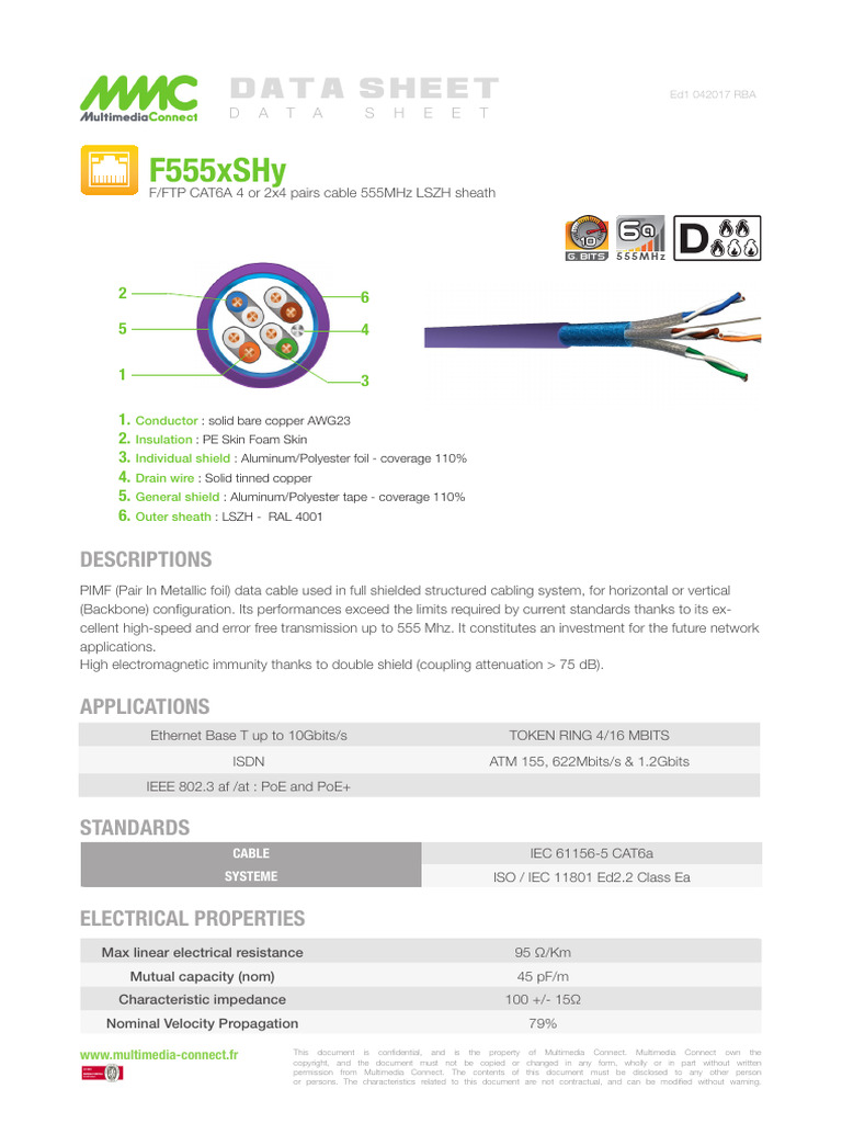 CAT6A F/FTP Cable Data Sheet | PDF | Electrical Engineering | Electronics