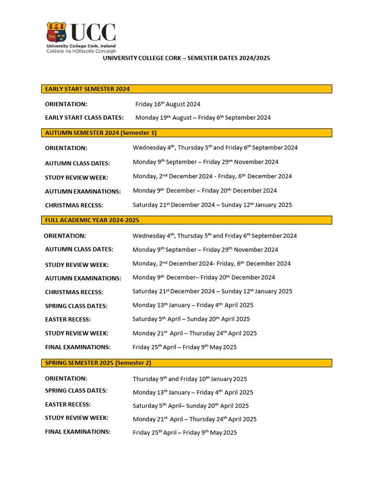 UCC Semester Dates 2024-2025 | PDF