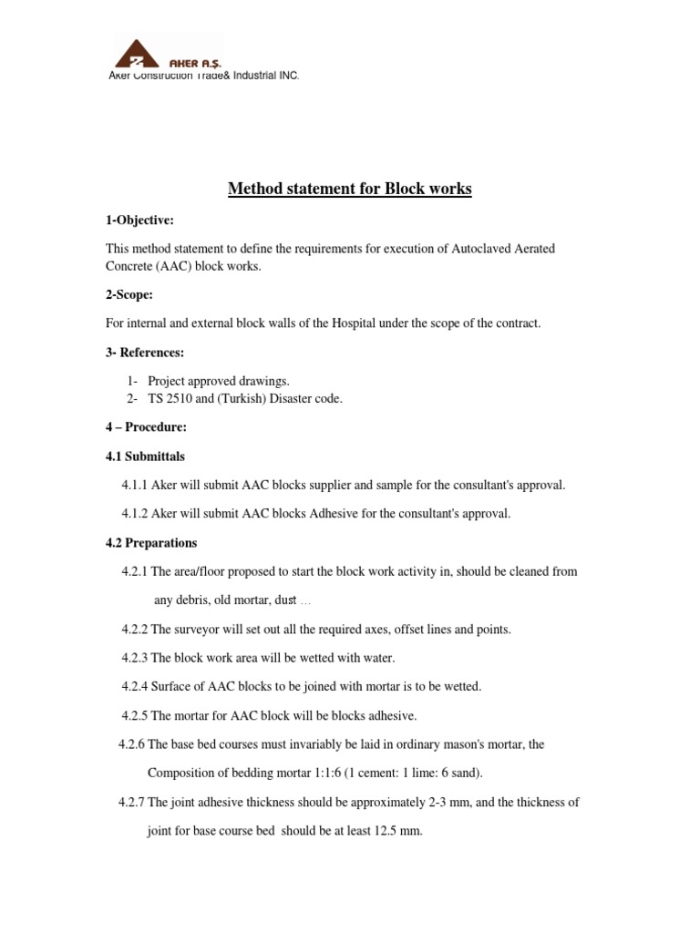 AAC Block Works Method Statement1 Masonry Mortar (Masonry)