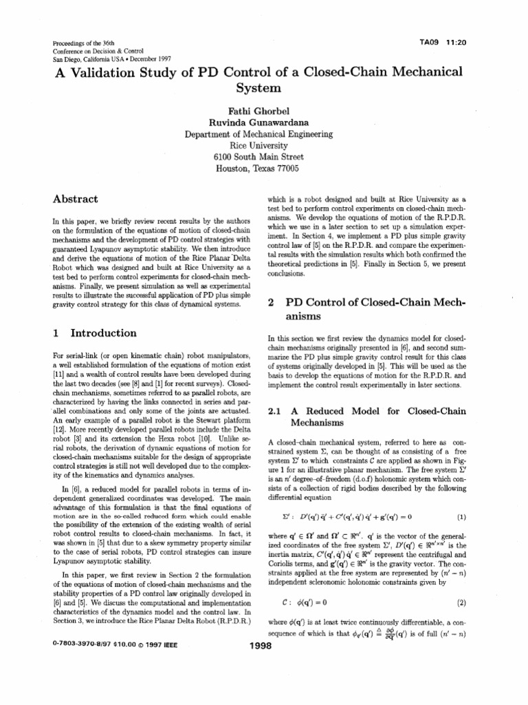PD Control for Closed-Chain Robots | PDF | Equations Of Motion | Mechanics