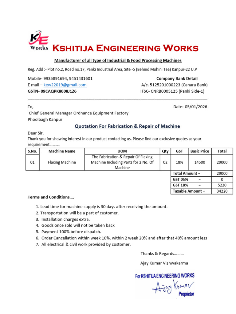 Industrial Machine Quotation Kanpur | PDF
