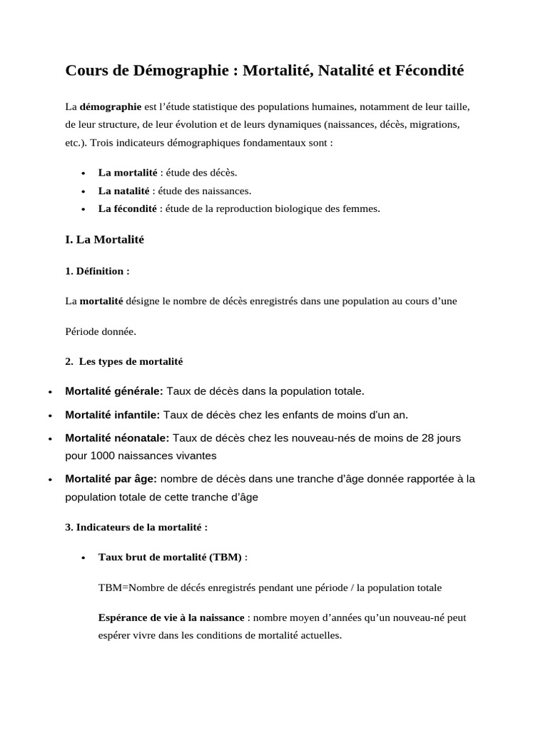 Démographie : Mortalité, Natalité, Fécondité | PDF | Taux de mortalité ...