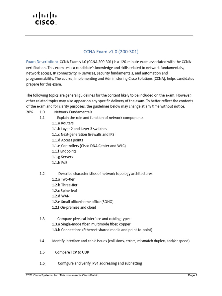 CCNA Exam 200-301 Overview and Topics | PDF | Cisco Certifications ...