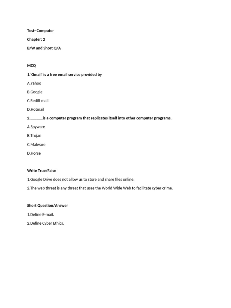 Computer Test: MCQs & Q/A on Cyber Topics | PDF