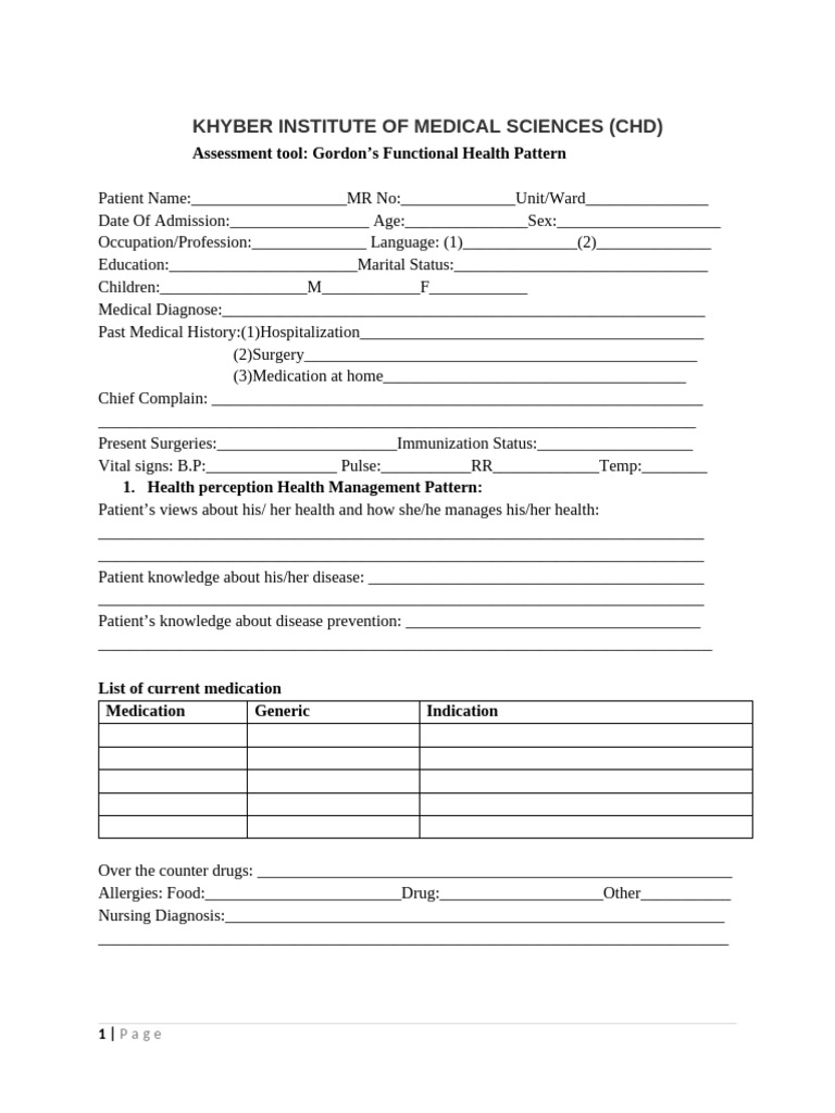 Patient Assessment Tool: Gordon’s Patterns | PDF | Urinary Incontinence ...