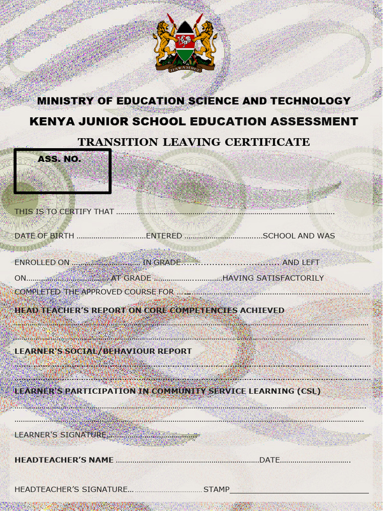 Kenya Junior School Leaving Certificate | PDF